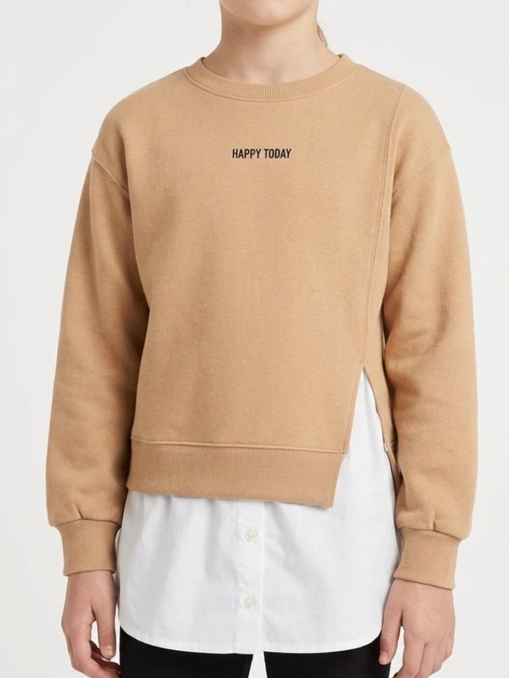 ZARA Coquette Preppy Faux-Layered "Happy Today" Camel Sweatshirt Size 10